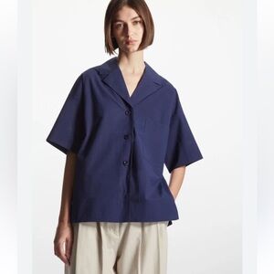 COS Oversized Camp Collar Cotton Navy Blue Short Sleeved Button Down Shirt Boxy